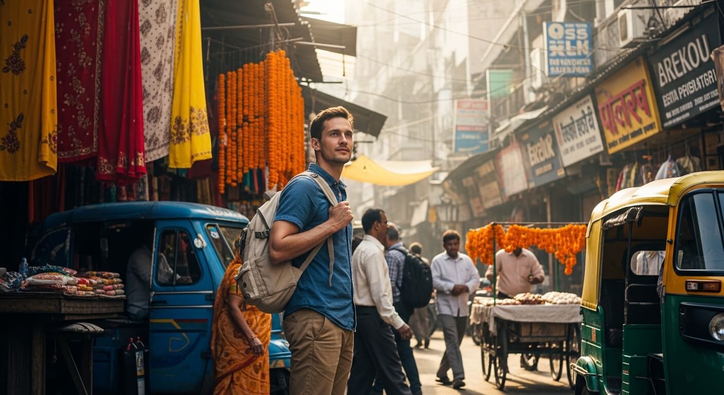 Tourist with backpack standing in a busy Indian market street with colorful fabrics and flower garlands.