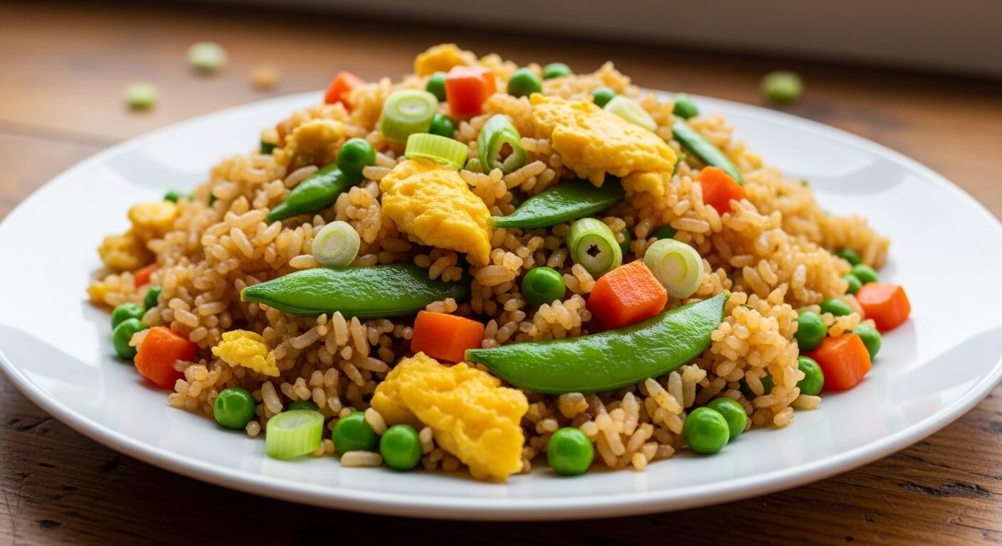 Fried rice with scrambled eggs, peas, carrots, snap peas, and green onions on a white plate