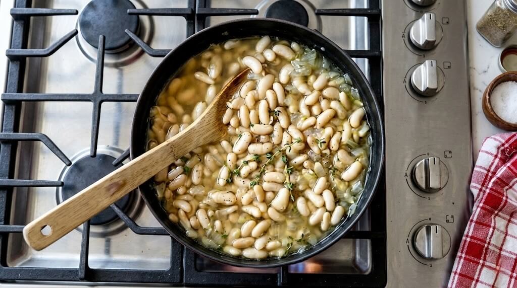 White beans simmering with herbs and onions in a black pot on a gas stove with a wooden spoon.