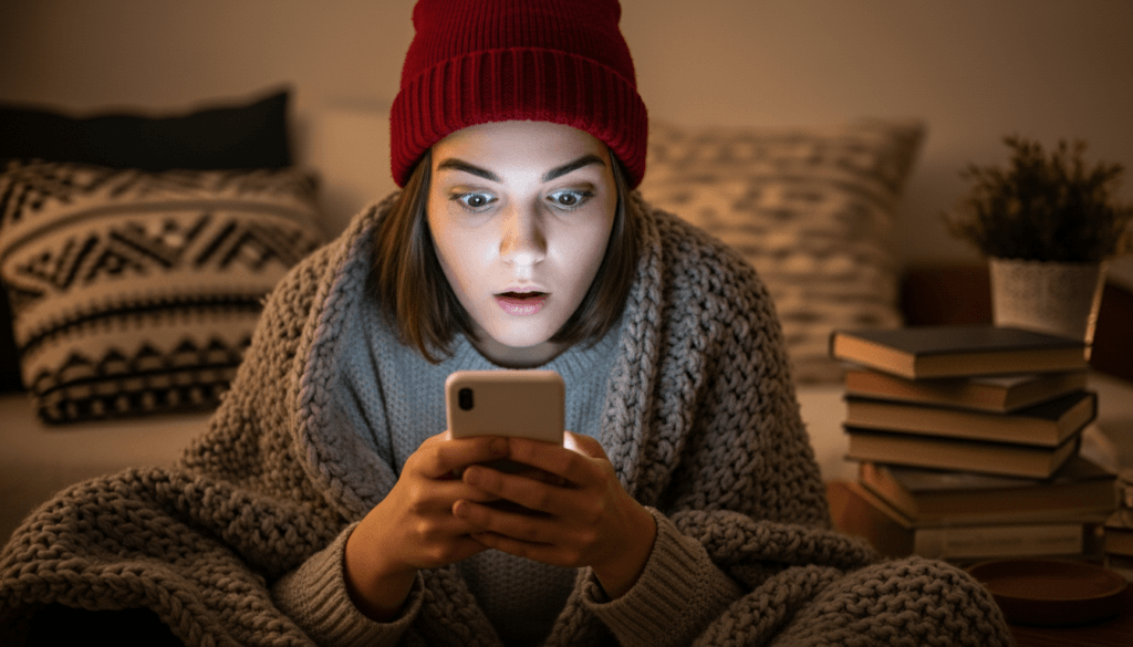 Young woman in red beanie and gray sweater wrapped in blanket looking surprised at smartphone indoors at night
