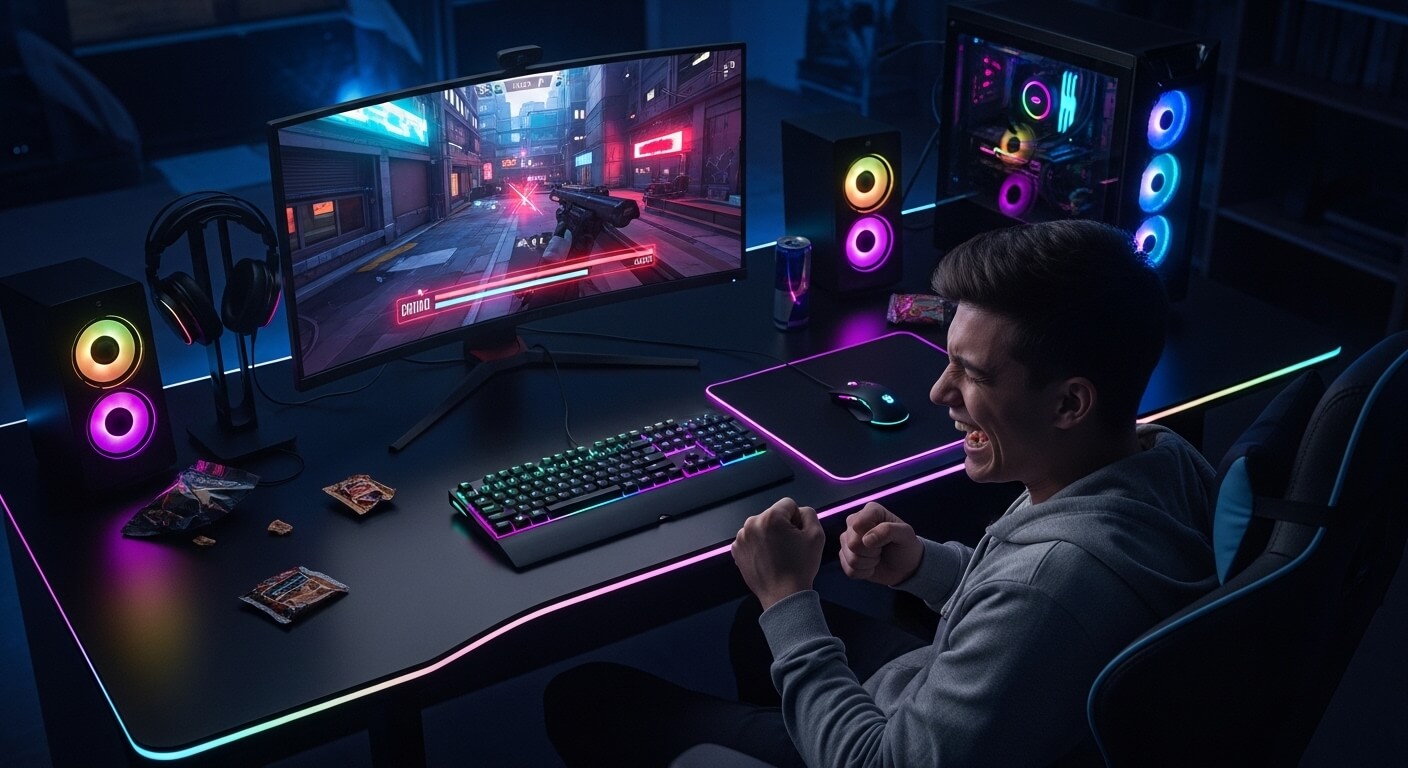 Young man excitedly playing a neon-lit first-person shooter game on a curved monitor with RGB gaming setup