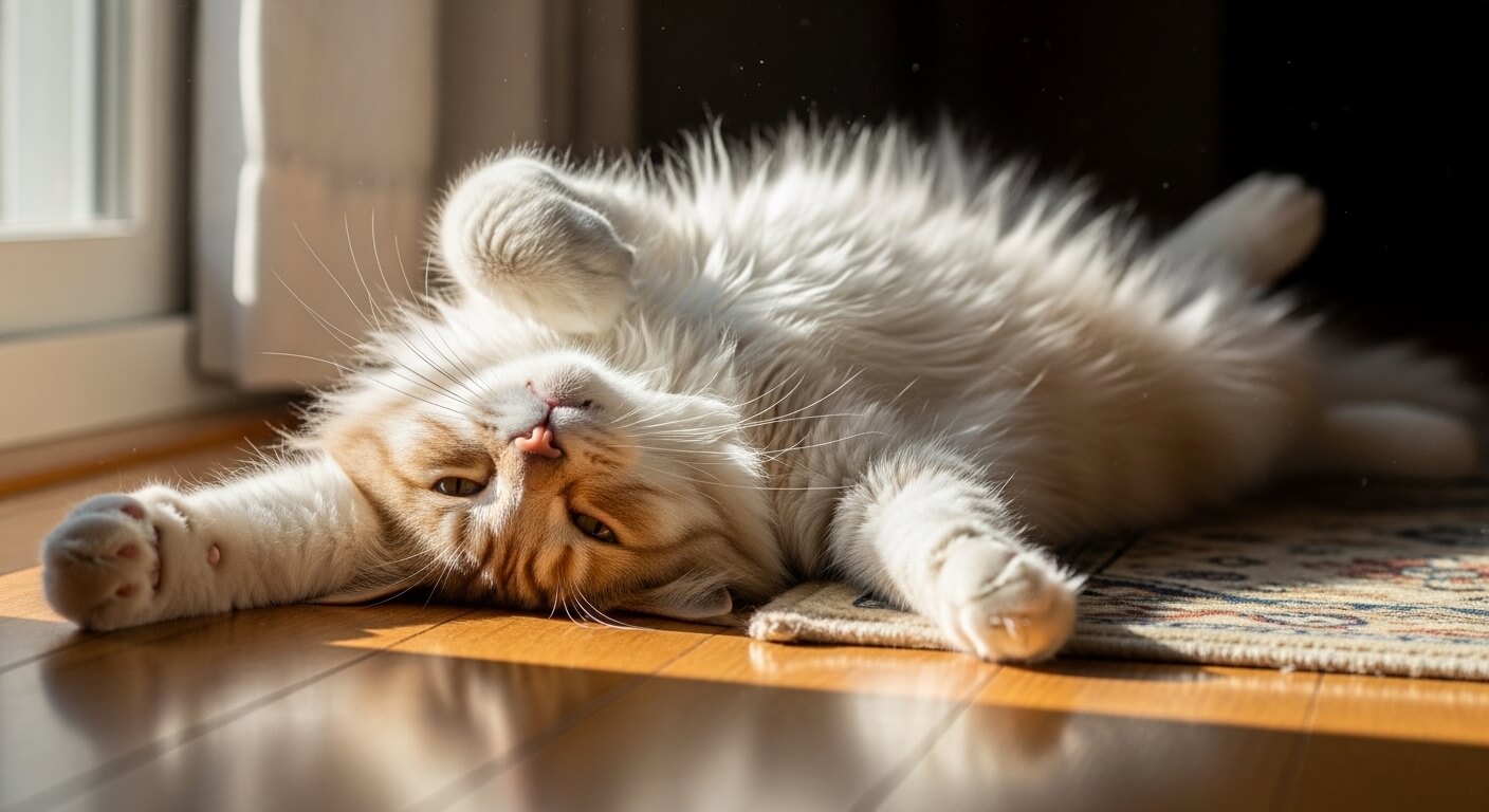 Orange and white cat lying on its back on a wooden floor in sunlight near a window