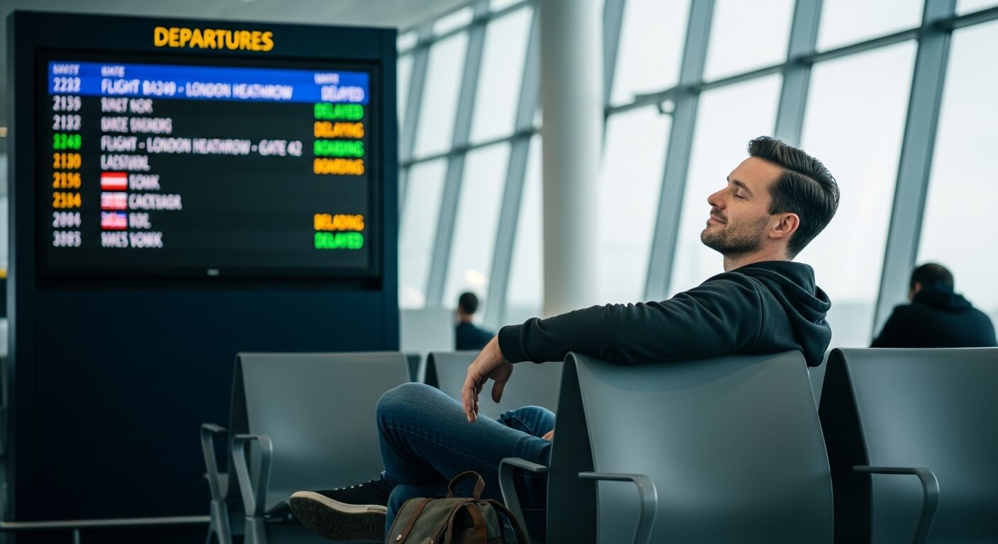 Man in black hoodie sitting relaxed in airport waiting area near departures board showing flights to London Heathrow