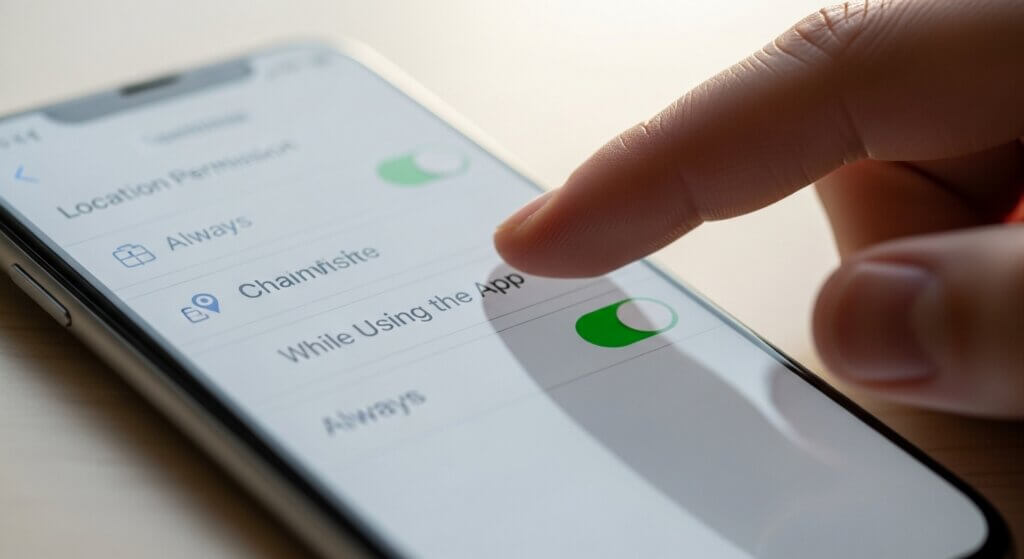 Finger toggling location permission settings on an iPhone screen showing "While Using the App" enabled.