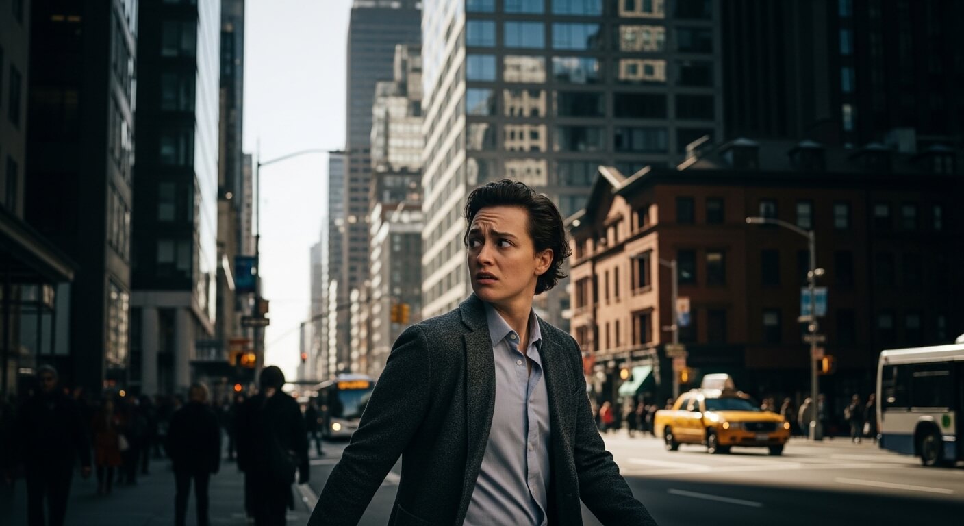 Young man in a gray blazer and blue shirt looking to the side on a busy city street with taxis and buses.