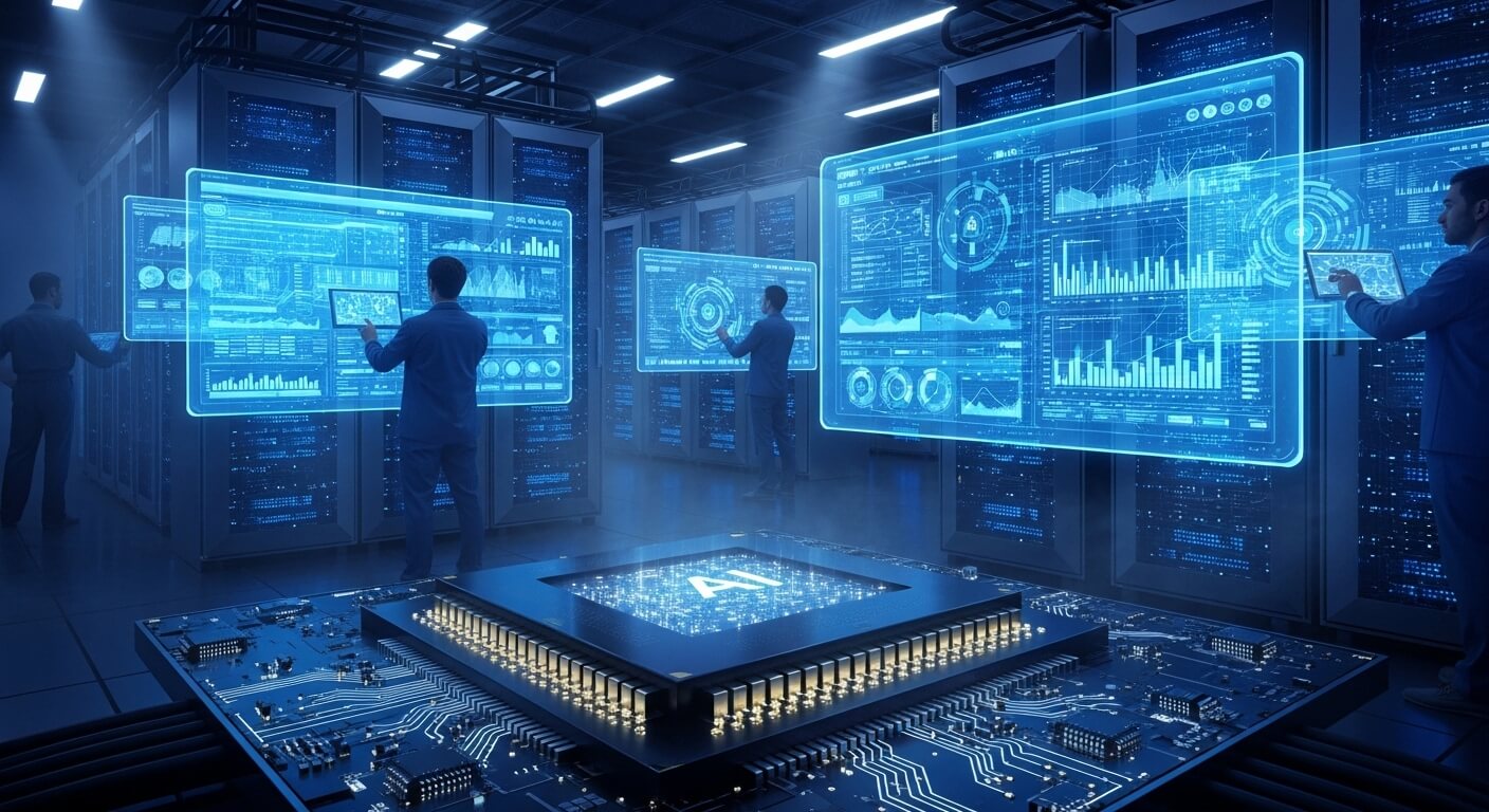 Technicians interacting with holographic AI data displays in a futuristic server room.
