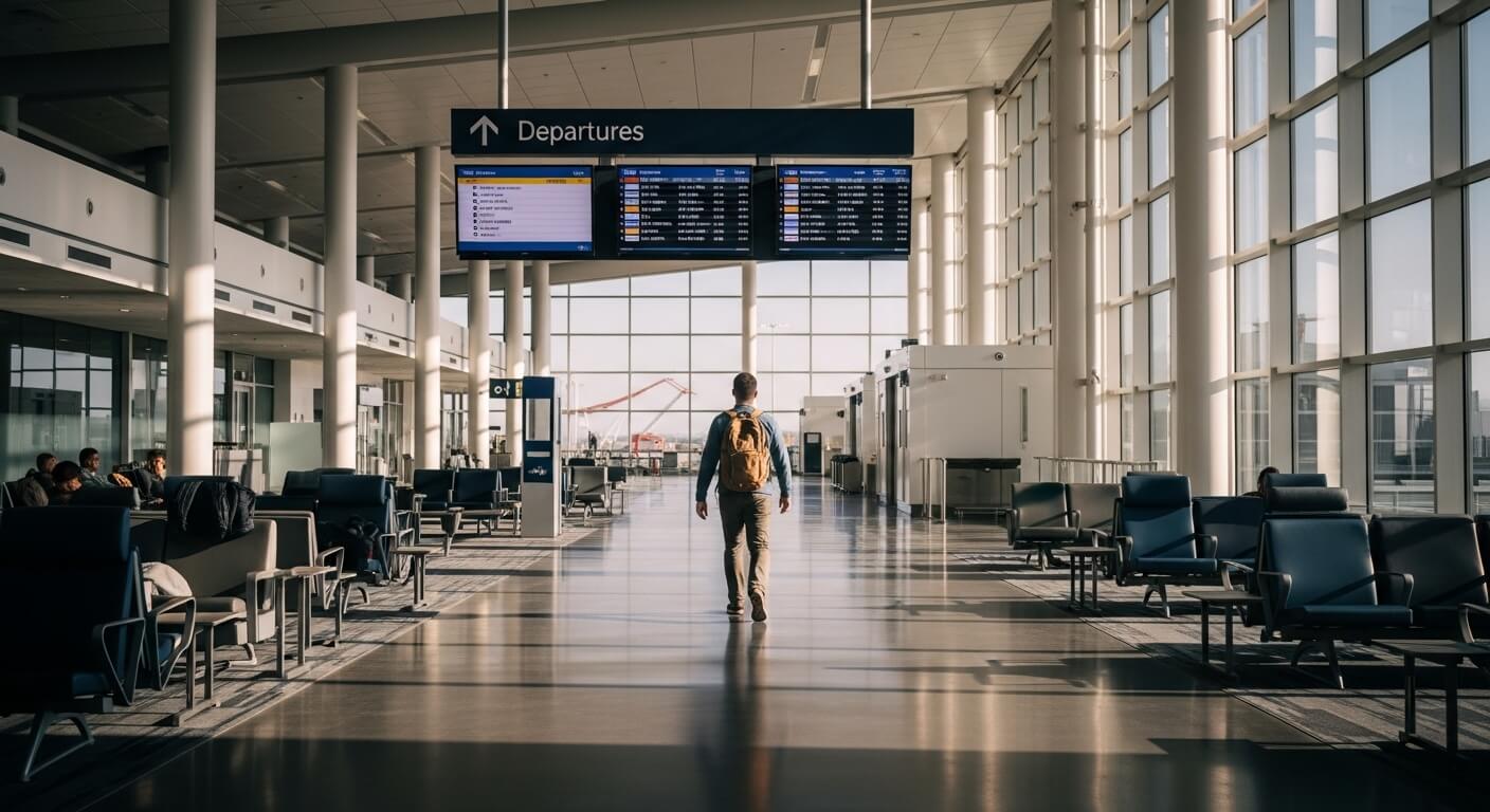 Person with backpack walking toward departures board in a sunlit airport terminal with seating areas on both sides