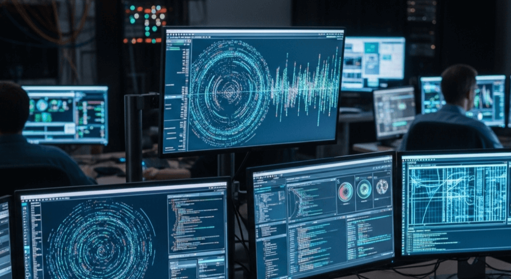 Multiple computer monitors displaying complex data visualizations and code in a cybersecurity operations center.