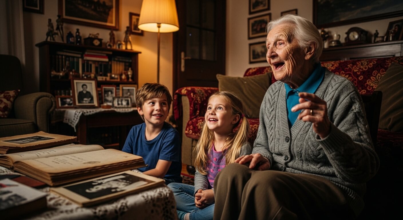 Elderly woman sharing stories with two children while looking at old photo albums in a cozy living room.