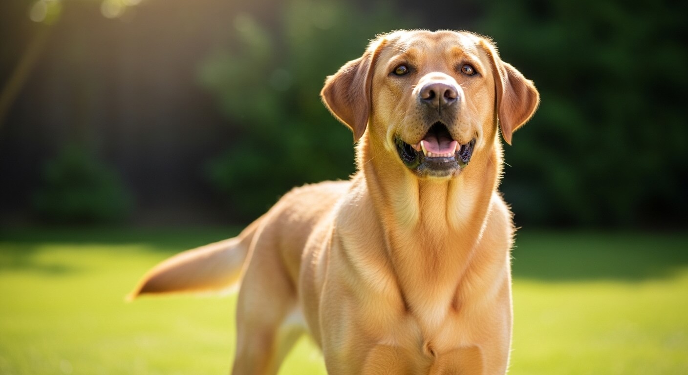 Golden Labrador Retriever standing on grass with sunlight and blurred trees in the background