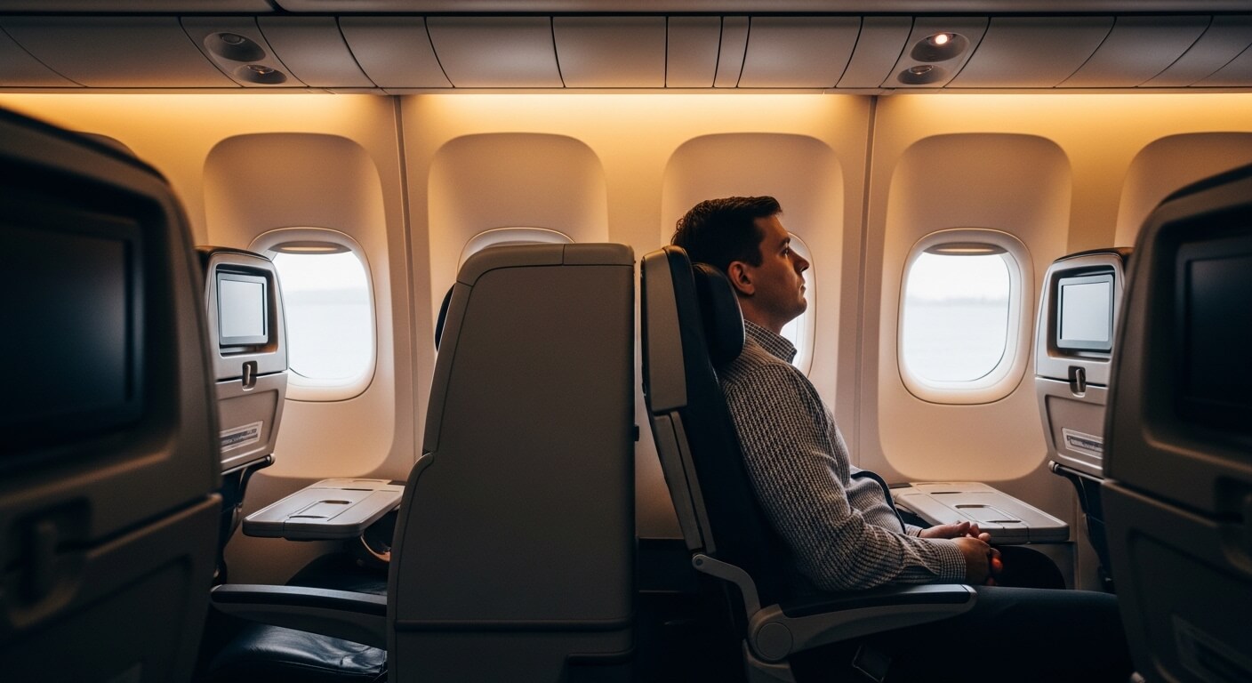 Man sitting alone in an airplane window seat looking forward with hands clasped in lap