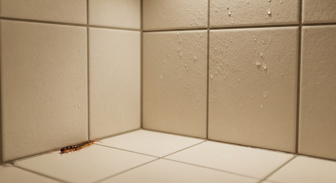 Centipede crawling on beige tiled corner with water droplets on the wall tiles