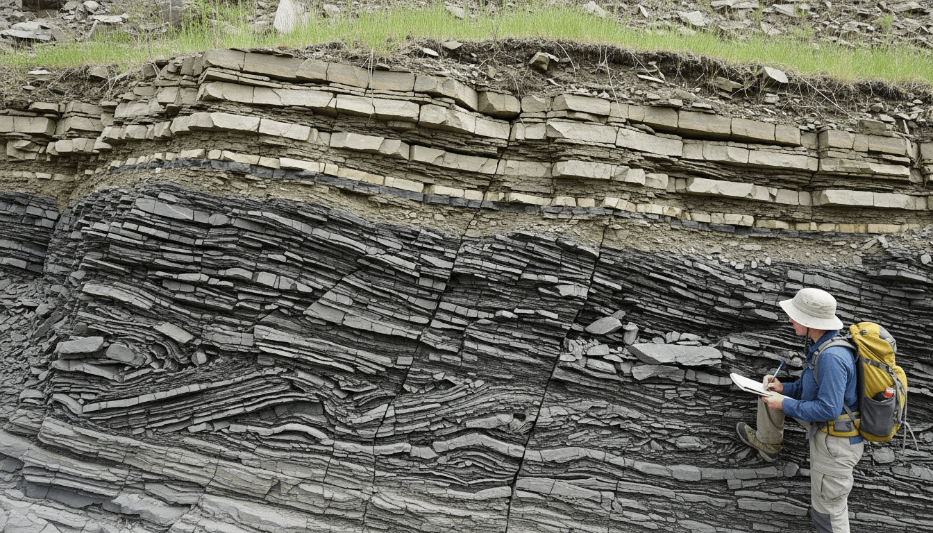Geologist in outdoor gear examining and taking notes on folded sedimentary rock layers in a cliff face.