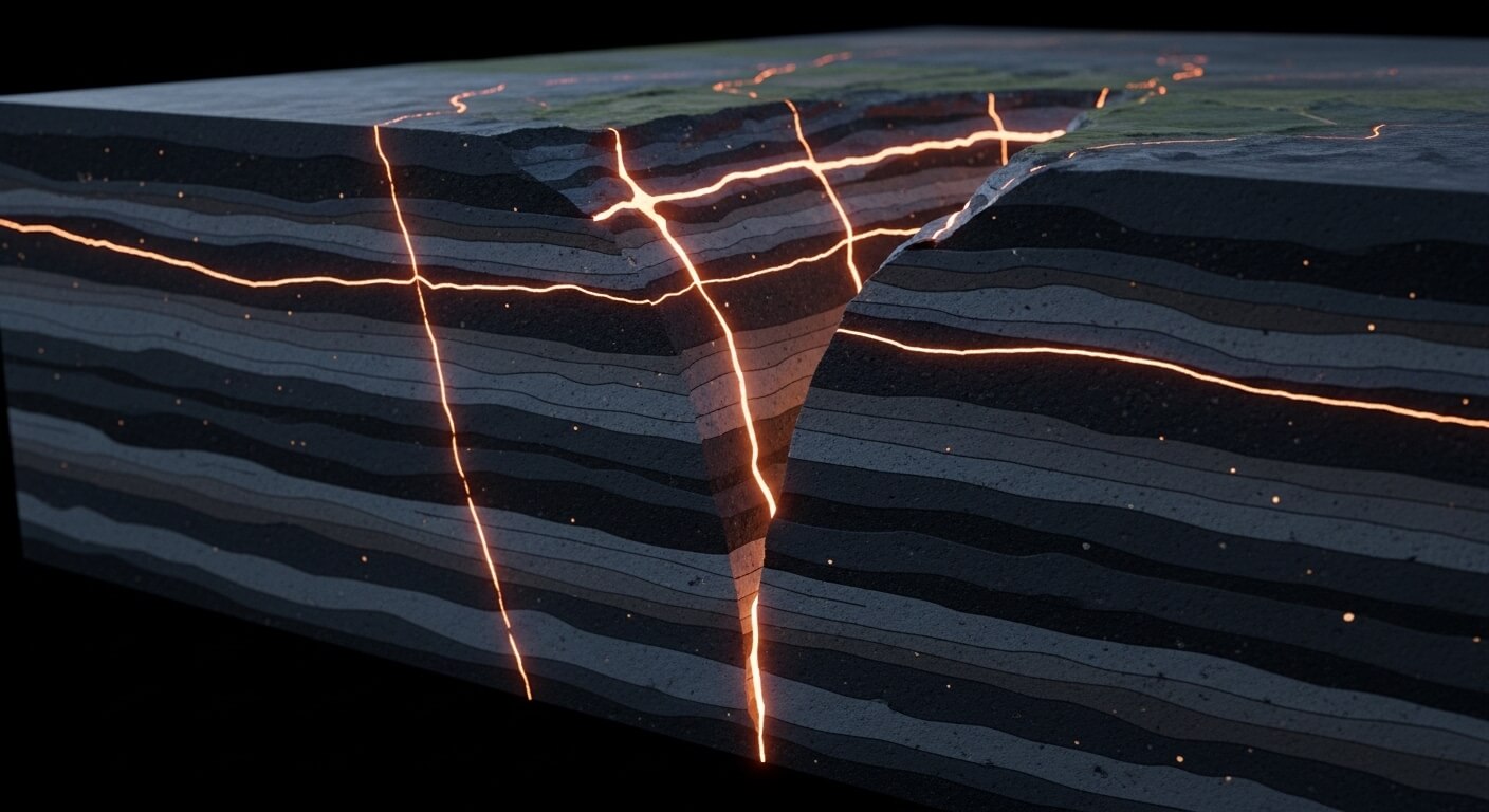 Cross-section of cracked layered rock with glowing orange magma or lava flowing through fissures