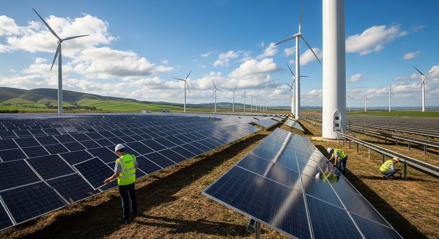 Workers in safety vests inspecting solar panels at a wind farm with multiple wind turbines under a blue sky