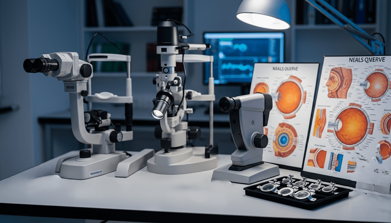 Ophthalmology equipment including slit lamps, eye charts, and lens trial frames on a white table under a lamp.
