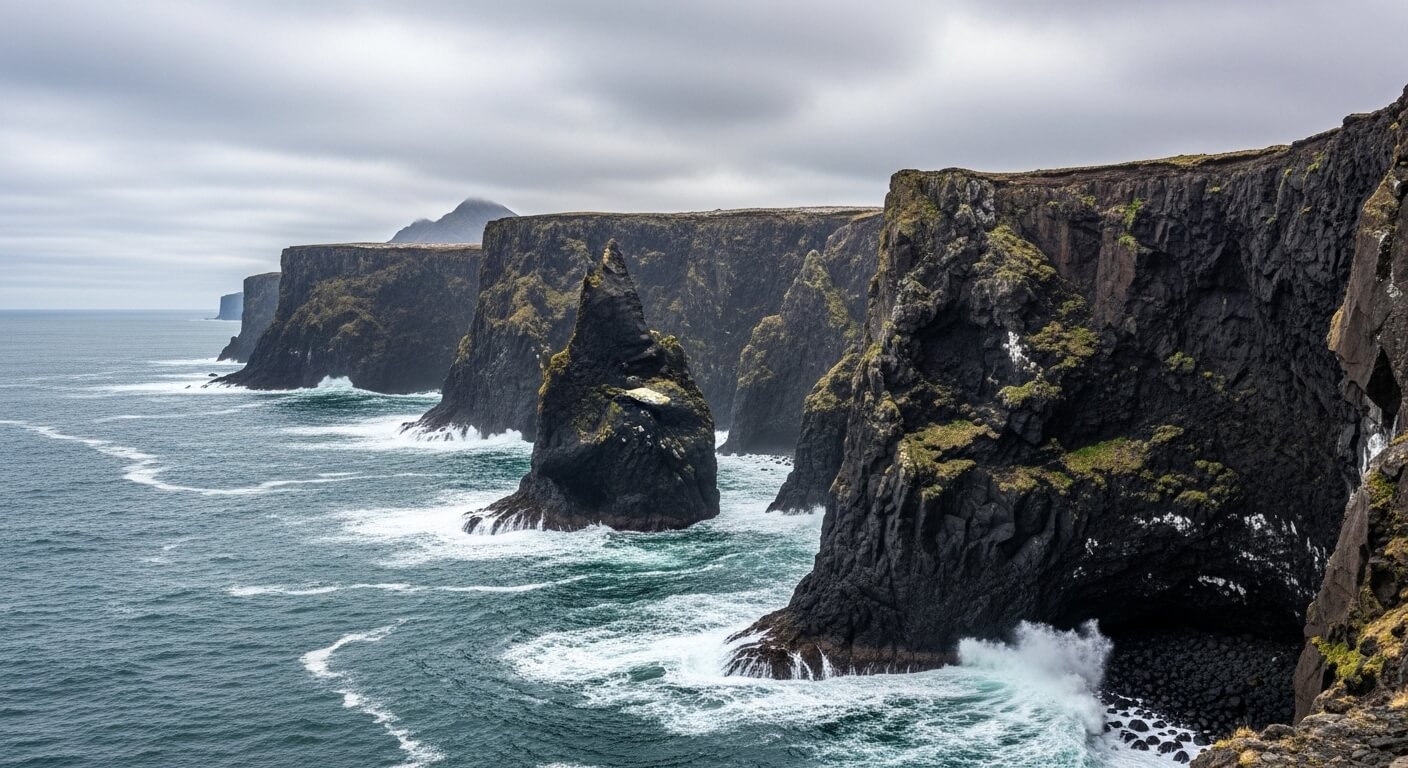 Rocky sea cliffs with waves crashing under a cloudy sky, featuring a prominent jagged rock formation in the water.