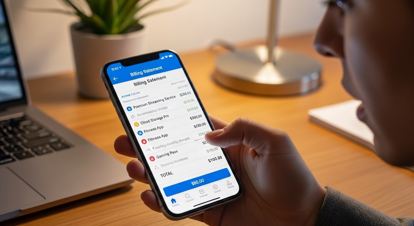 Person holding smartphone displaying a billing statement with subscriptions for streaming, cloud storage, fitness apps, and gaming pass.