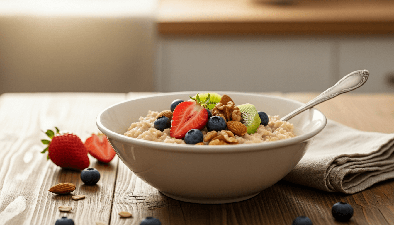 Bowl of oatmeal topped with strawberries, blueberries, kiwi, walnuts, and almonds on a wooden table with a spoon and napkin.