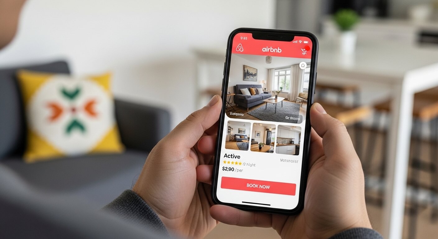 Person holding smartphone displaying Airbnb app with rental listing and "Book Now" button visible
