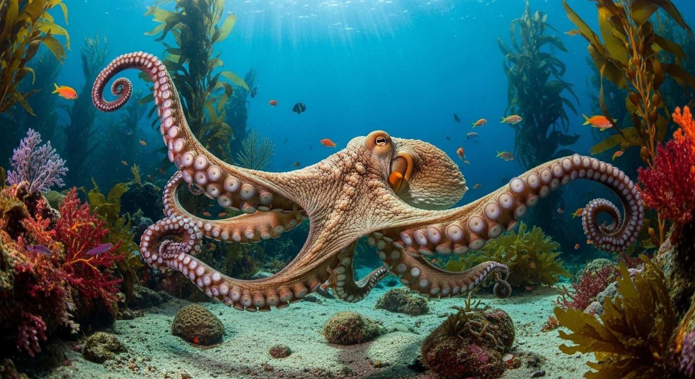 Octopus swimming among colorful coral and fish in a sunlit underwater kelp forest.