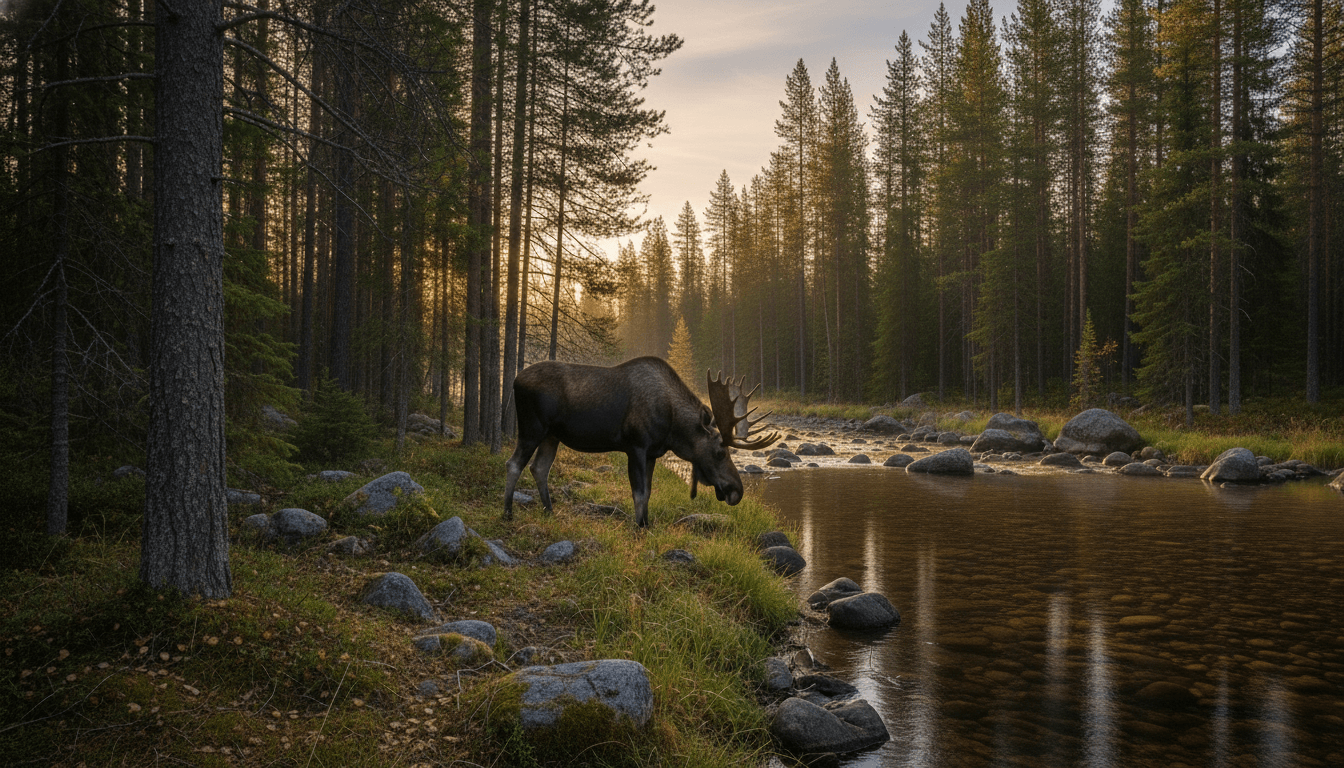 Moose drinking water from a river in a dense pine forest at sunset