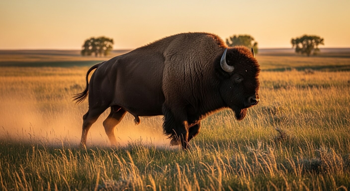 American bison walking through tall grass at sunset in a prairie landscape.