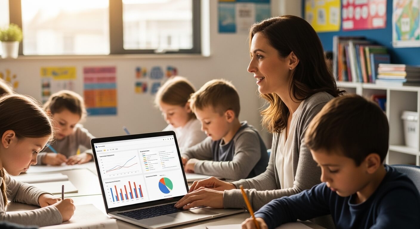 Teacher using laptop with charts while children write at classroom table