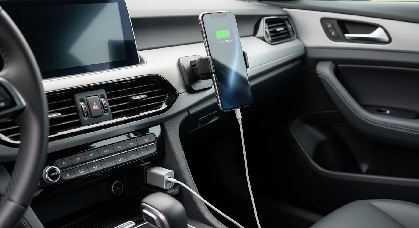 Smartphone charging on a mount inside a modern car dashboard with touchscreen and control buttons visible.