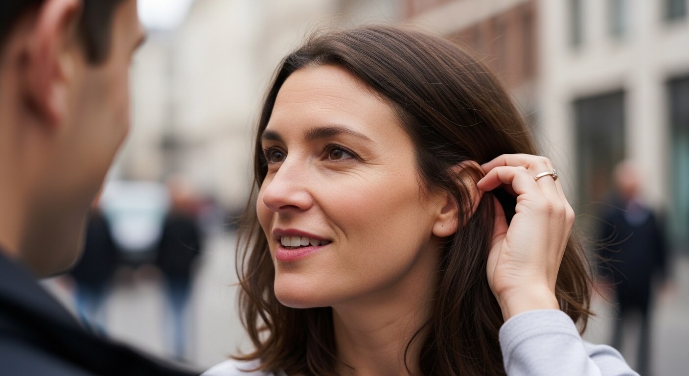 Woman with brown hair tucking hair behind ear while talking to a man on a city street.