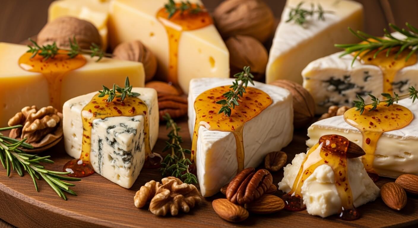 Assorted cheeses with honey drizzle, fresh herbs, and mixed nuts on a wooden board.