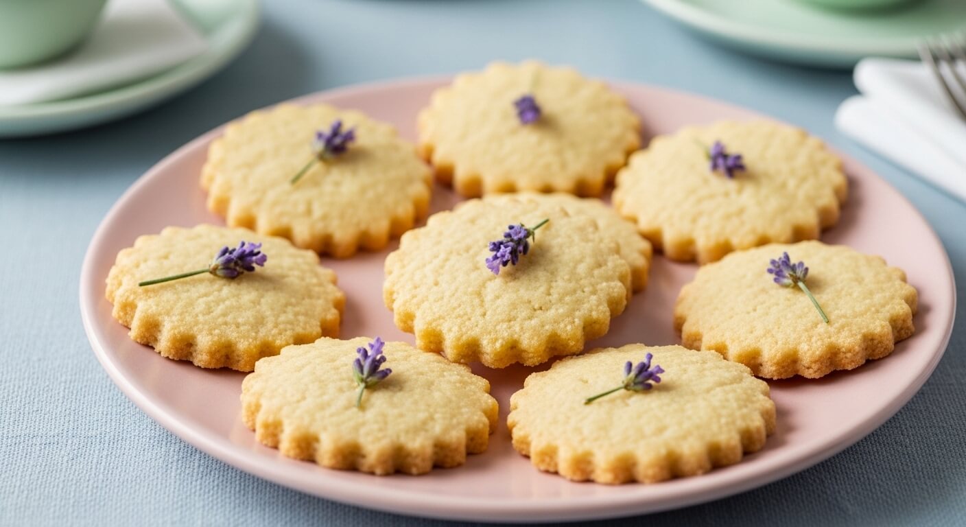 Round lavender shortbread cookies on a pink plate with a blue tablecloth background