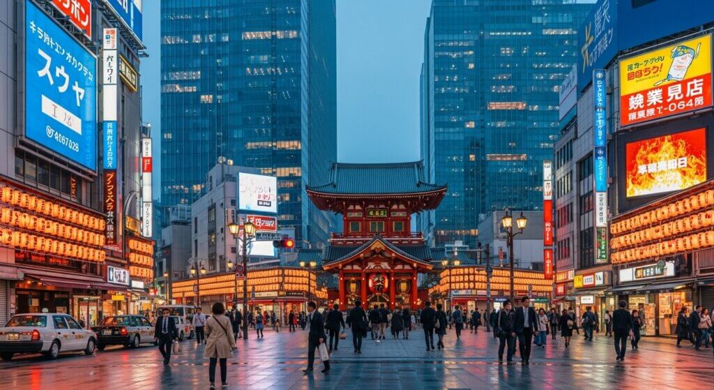 Crowds walking near the illuminated Kanda Myojin Shrine with modern skyscrapers and neon signs in Tokyo at dusk