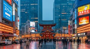 Crowds walking near the illuminated Kanda Myojin Shrine with modern skyscrapers and neon signs in Tokyo at dusk