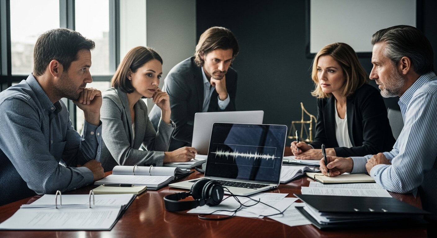 Five business professionals in a meeting focused on a laptop displaying an audio waveform on a conference table.