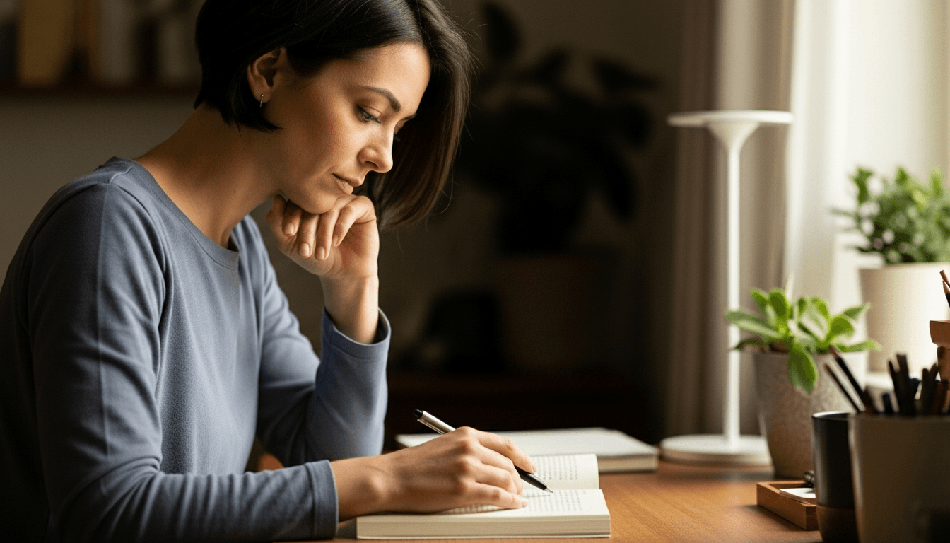 Woman in a gray long-sleeve shirt writing in a book at a wooden desk with plants and a lamp nearby