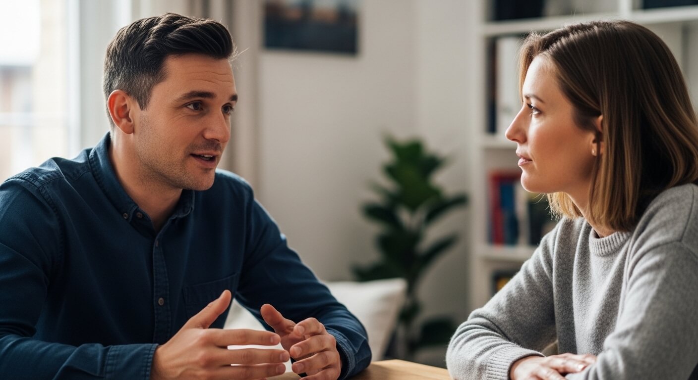 Man and woman engaged in a serious conversation at a table in a home setting