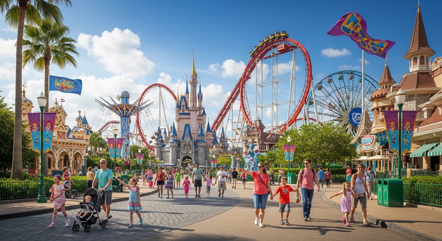 Families and visitors walking near Cinderella Castle with roller coaster and Ferris wheel at Disney theme park on a sunny day