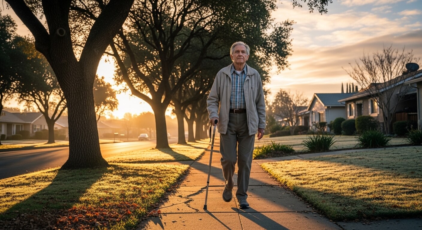 Elderly man walking with a cane on a suburban sidewalk at sunrise.
