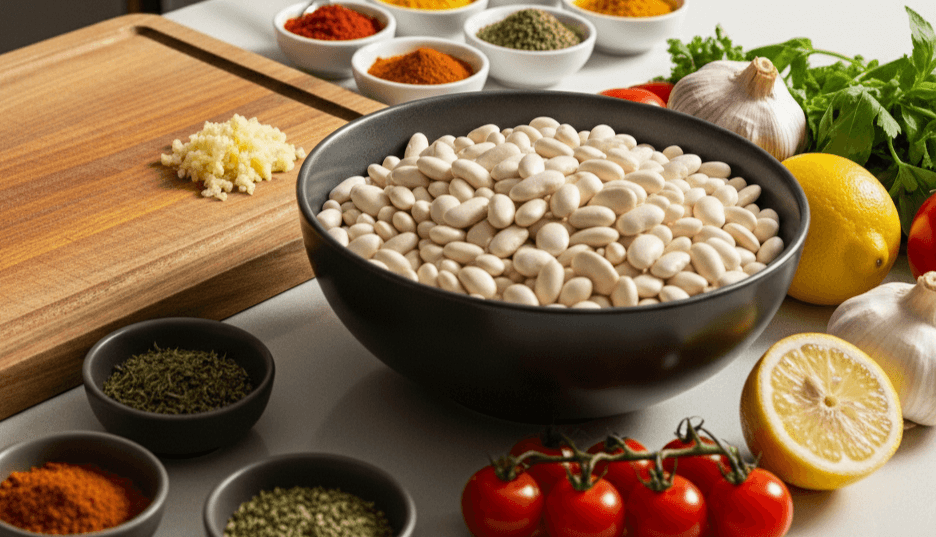 Black bowl filled with white beans surrounded by cherry tomatoes, lemon, garlic, chopped garlic, and various spices.