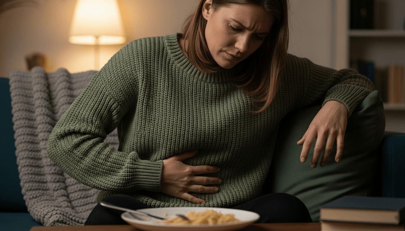 Woman in green sweater sitting on a couch holding her stomach in pain with a plate of pasta in front of her
