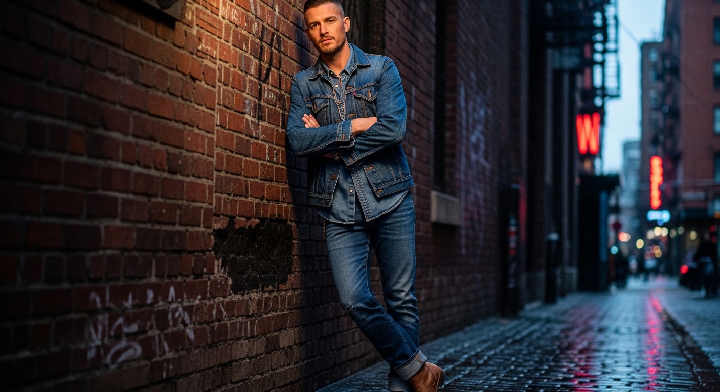 Man in denim jacket and jeans leaning against a brick wall in a dimly lit urban alley at dusk.