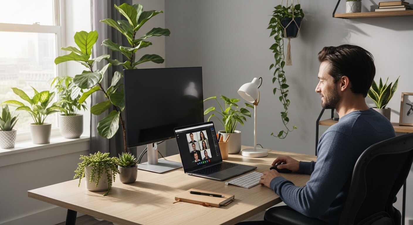 Man in blue sweater using laptop for video conference in a plant-filled home office with dual monitors and desk lamp