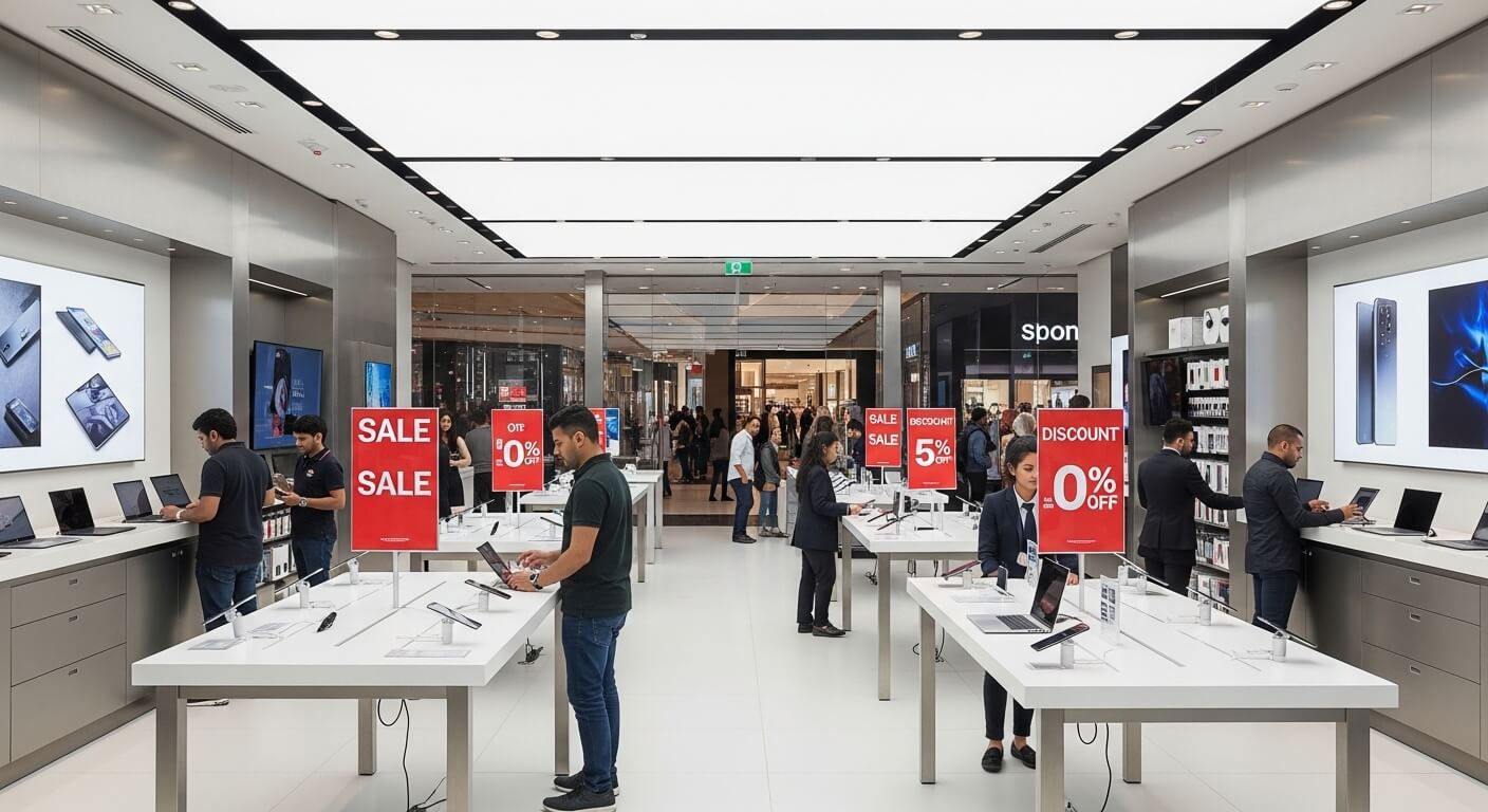 Customers and staff interacting with laptops and smartphones in a tech store with red sale and discount signs.