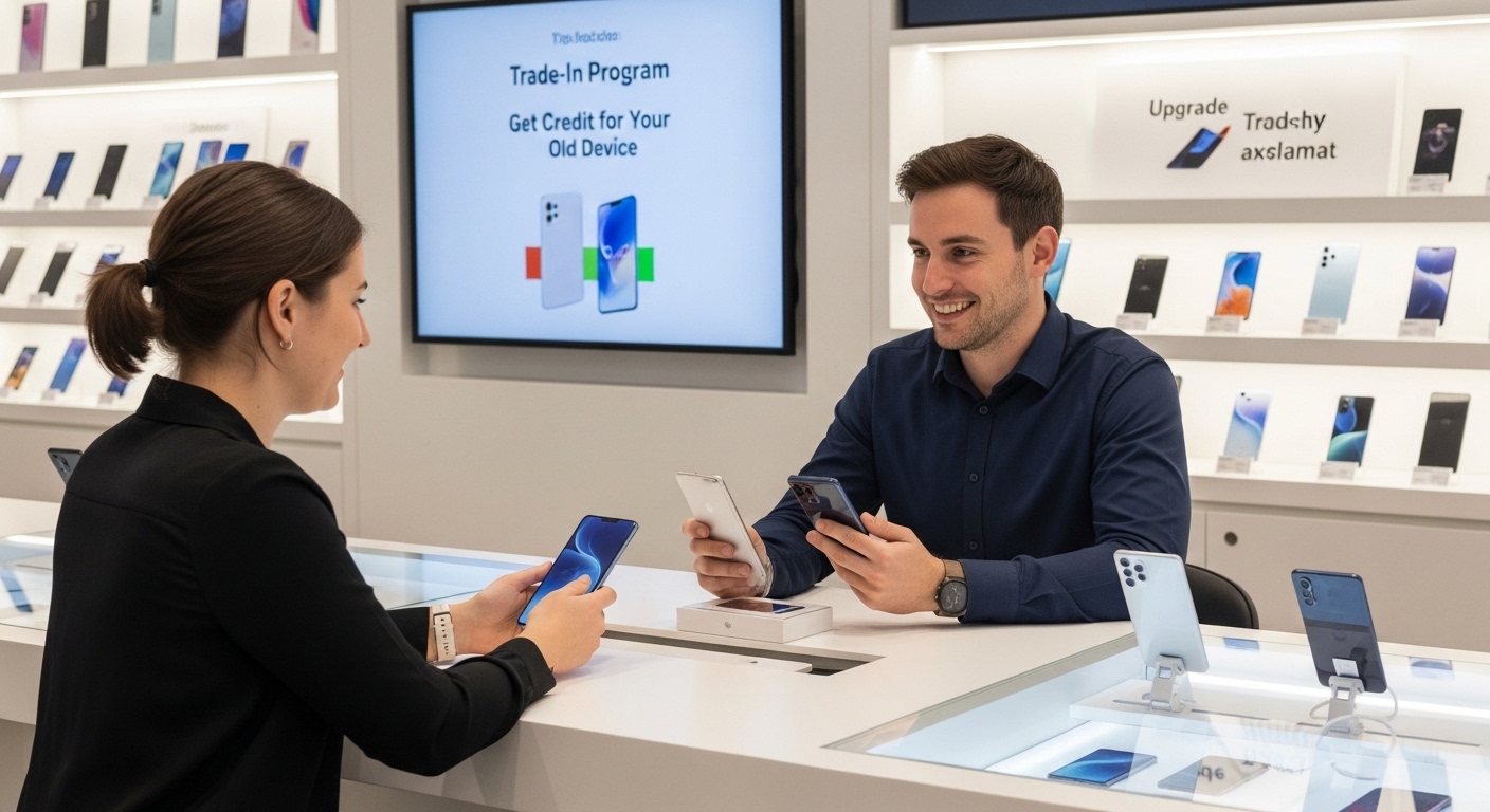 Two people comparing smartphones at a tech store counter with trade-in program signage in the background