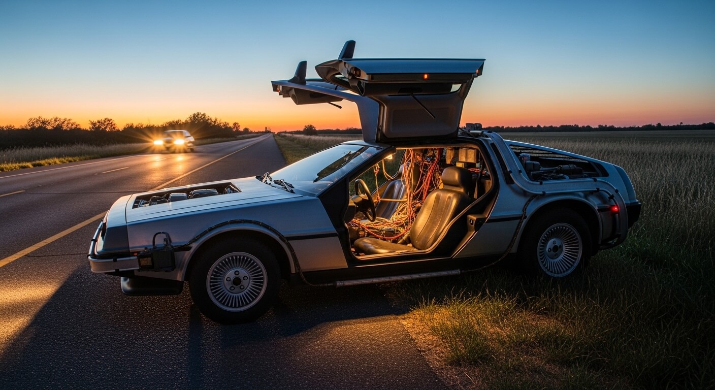 DeLorean DMC-12 with gull-wing doors open and exposed wiring parked on a road at sunset.