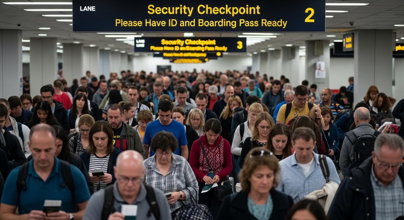 Crowd of travelers waiting in line at airport security checkpoint with signs instructing to have ID and boarding pass ready