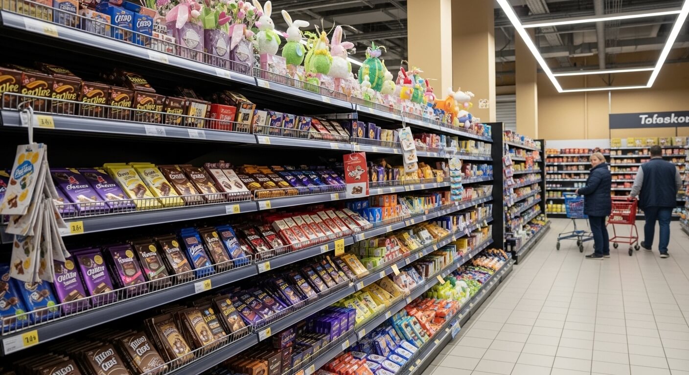 Supermarket aisle with shelves stocked with chocolate bars and Easter decorations, two shoppers with carts in background.