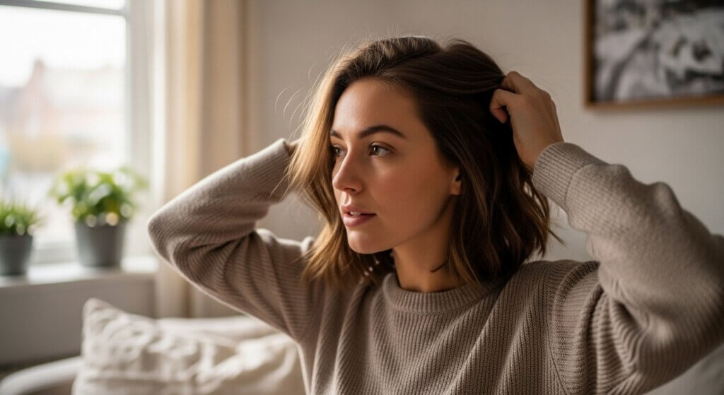 Young woman adjusting her hair wearing a beige sweater in a softly lit room with plants by the window.