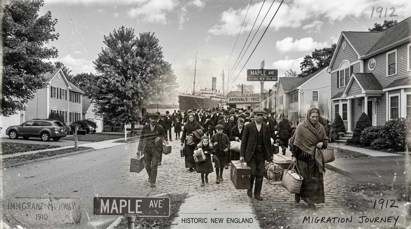 Historic New England immigrant migration journey in 1912 on Maple Avenue with families carrying luggage and baskets